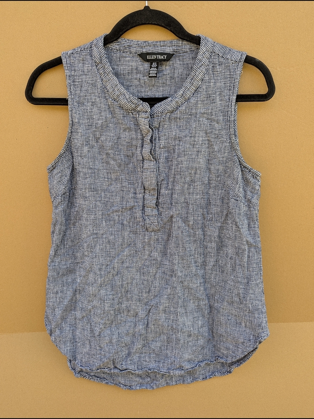 Ellen Tracy Linen Blend Sleeveless Top Medium Blue White Henley Blouse Minimal